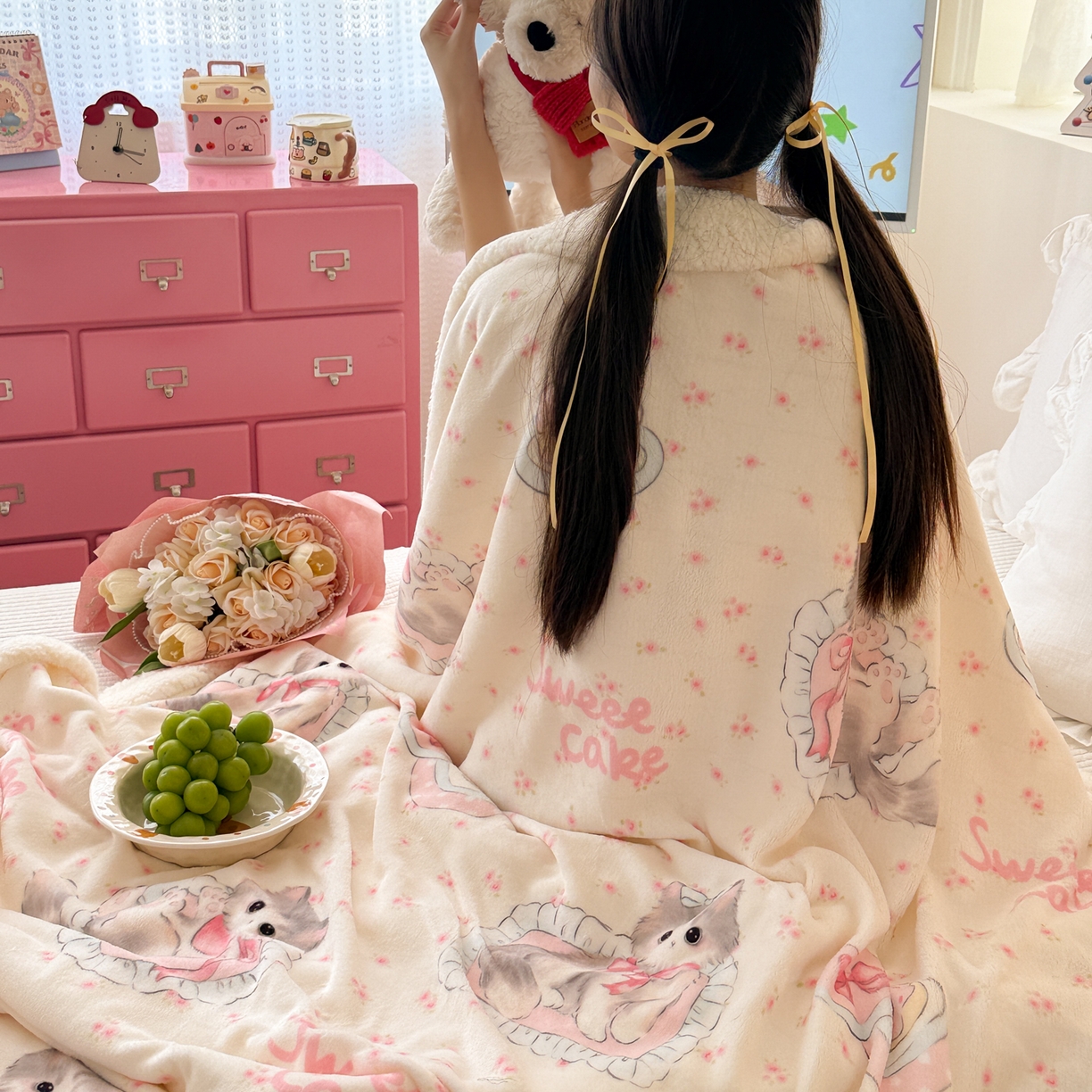 91家纺网 家纺一手货源 找家纺 沐慕 2025新款牛奶绒拼羊羔绒毛毯盖毯毯子 毛毯-玫瑰粉喵