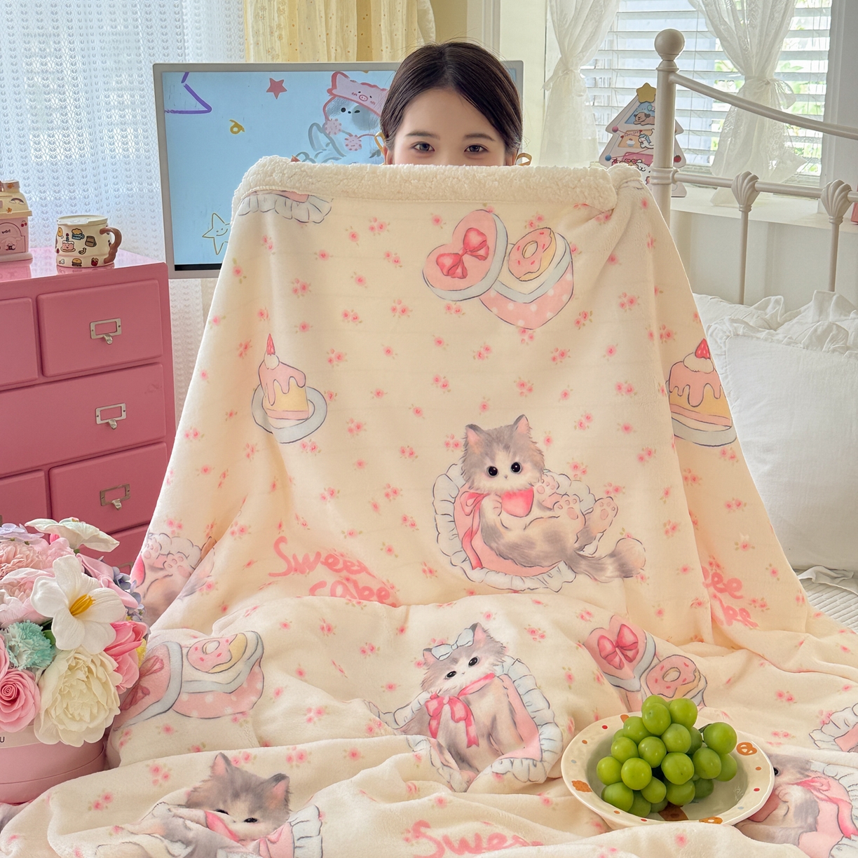 91家纺网 家纺一手货源 找家纺 沐慕 2025新款牛奶绒拼羊羔绒毛毯盖毯毯子 毛毯-玫瑰粉喵