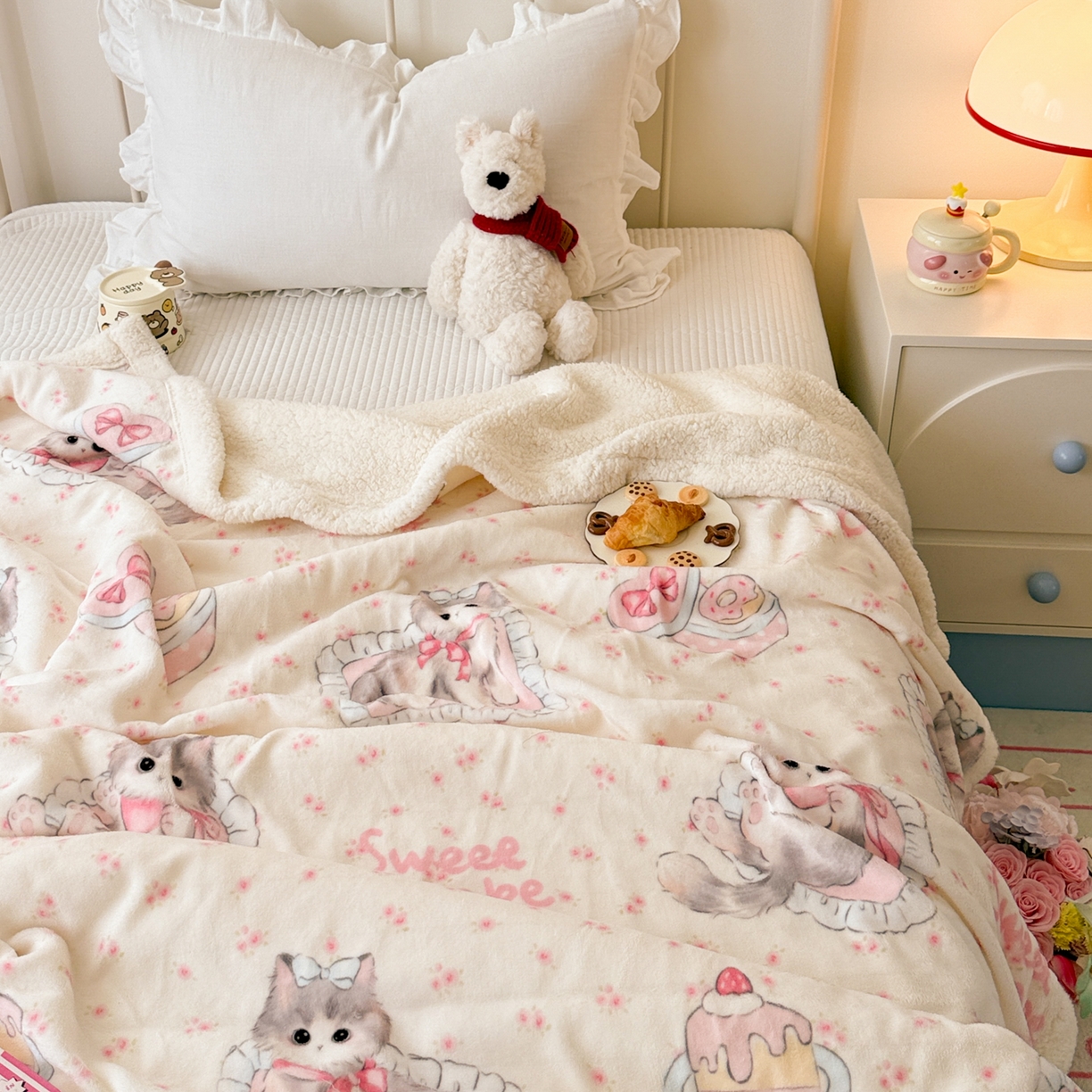 91家纺网 家纺一手货源 找家纺 沐慕 2025新款牛奶绒拼羊羔绒毛毯盖毯毯子 毛毯-玫瑰粉喵