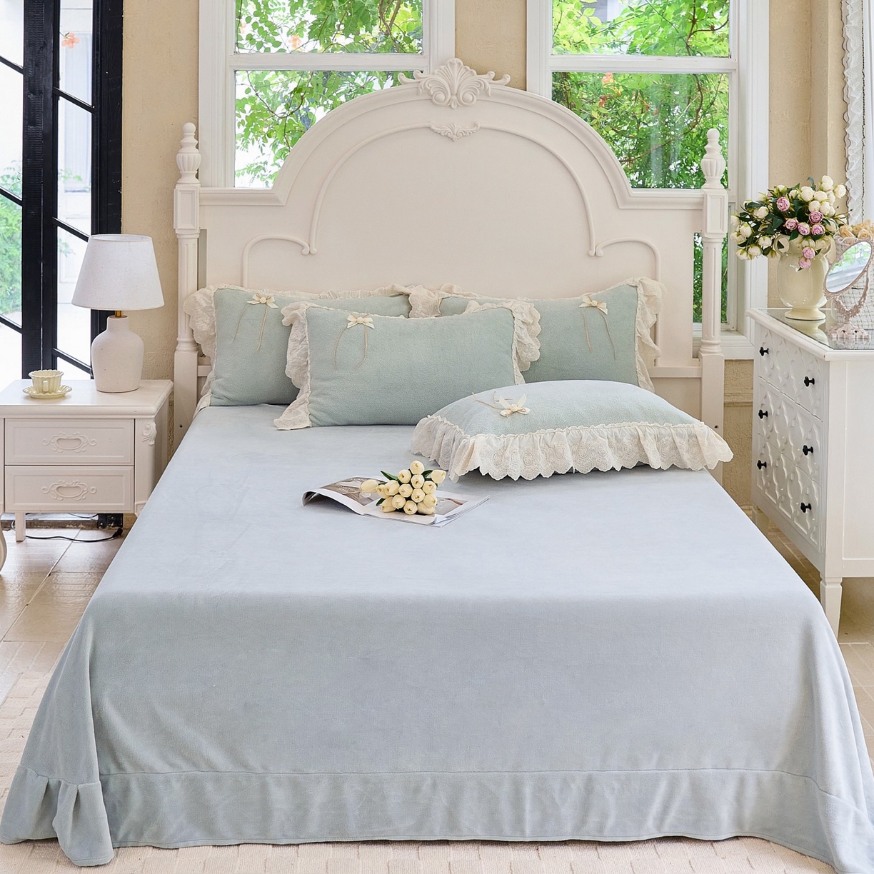 91家纺网 家纺一手货源 找家纺 玖玖爱家纺 2025新款高克重法式甜美特软艾尼绒四件套 灰绿