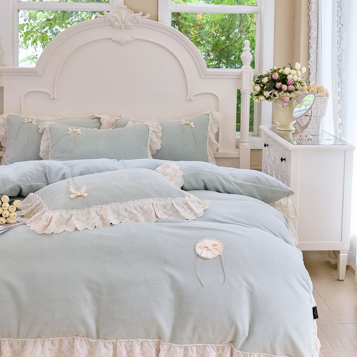 91家纺网 家纺一手货源 找家纺 玖玖爱家纺 2025新款高克重法式甜美特软艾尼绒四件套 灰绿