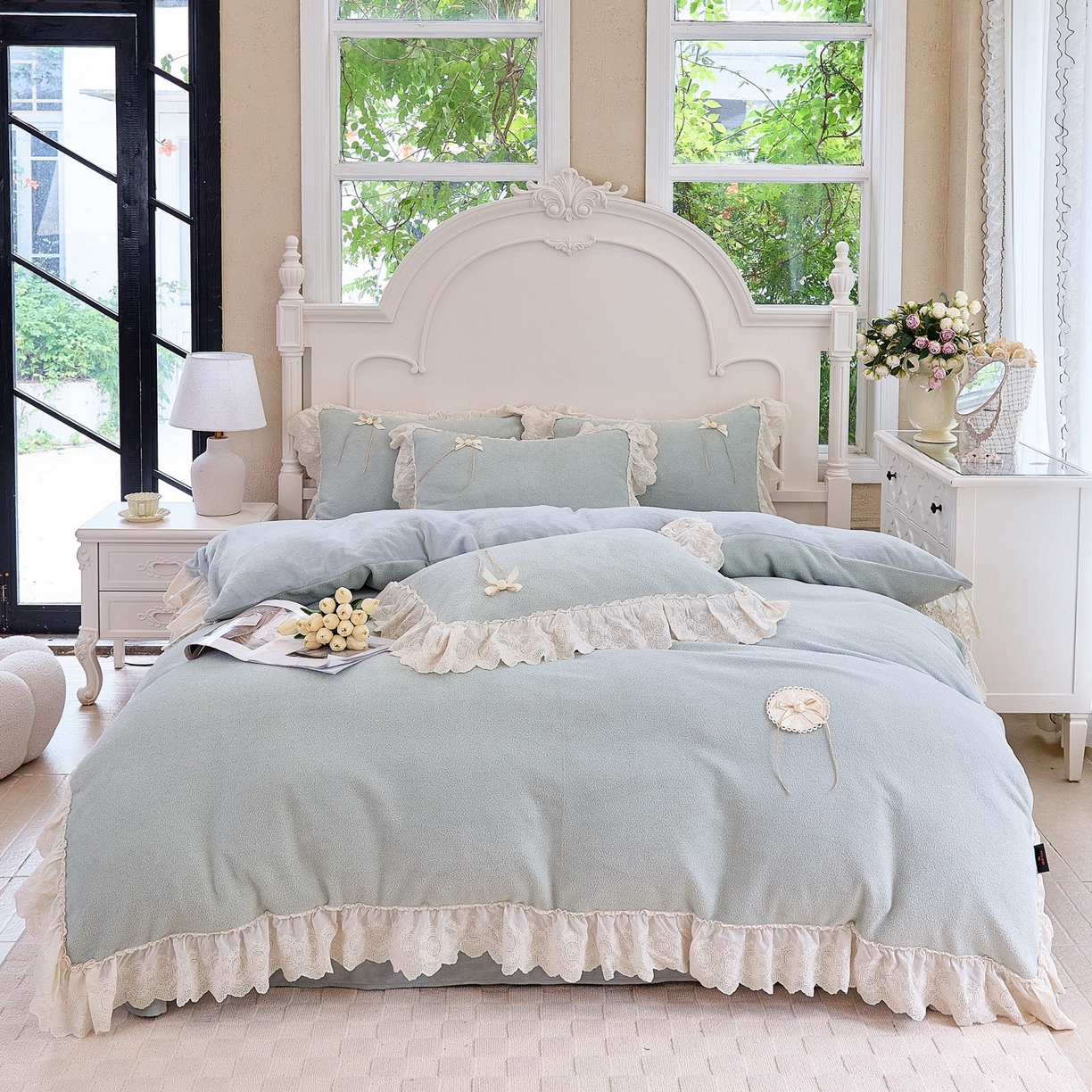 玖玖爱家纺 2025新款高克重法式甜美特软艾尼绒四件套 灰绿