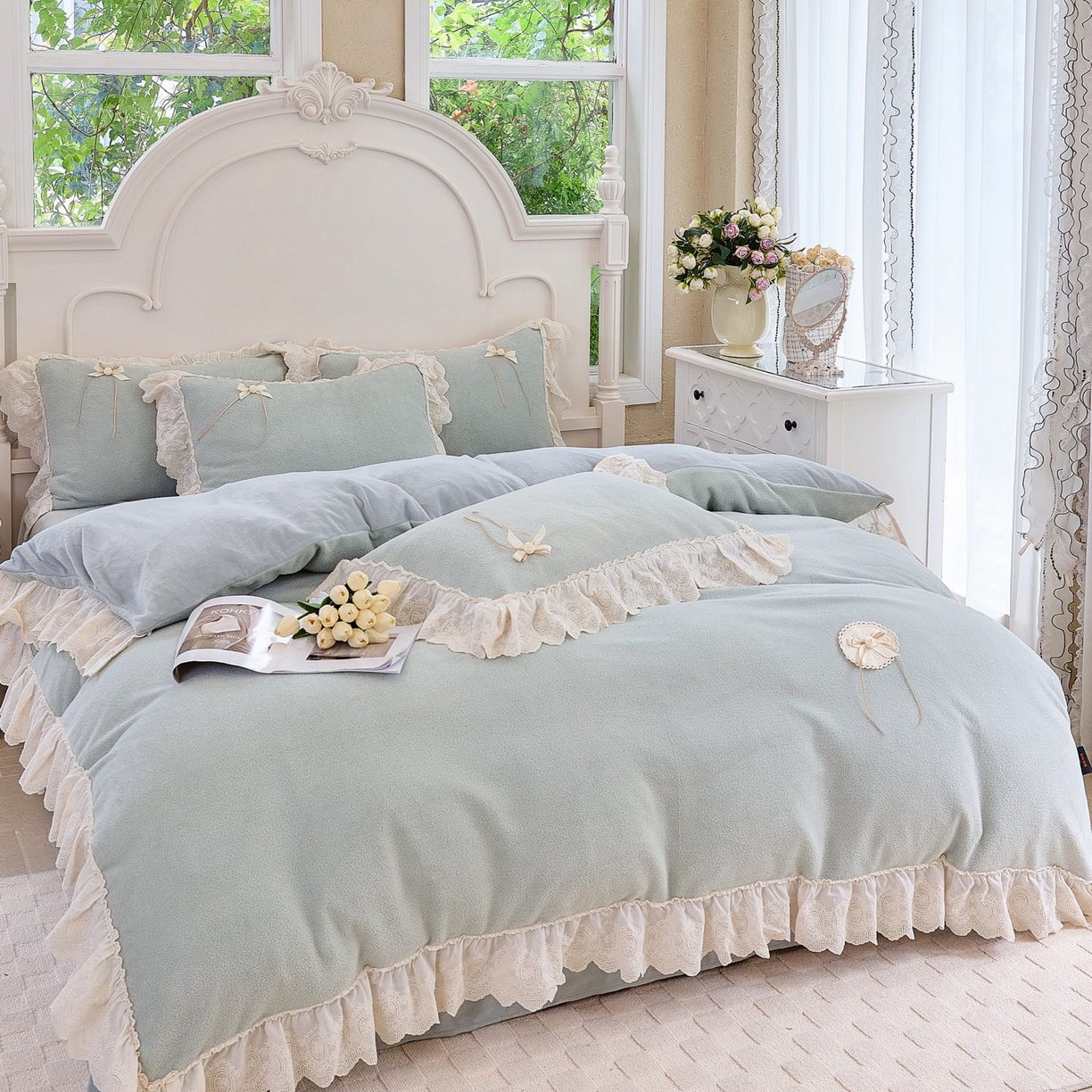 91家纺网 家纺一手货源 找家纺 玖玖爱家纺 2025新款高克重法式甜美特软艾尼绒四件套 灰绿