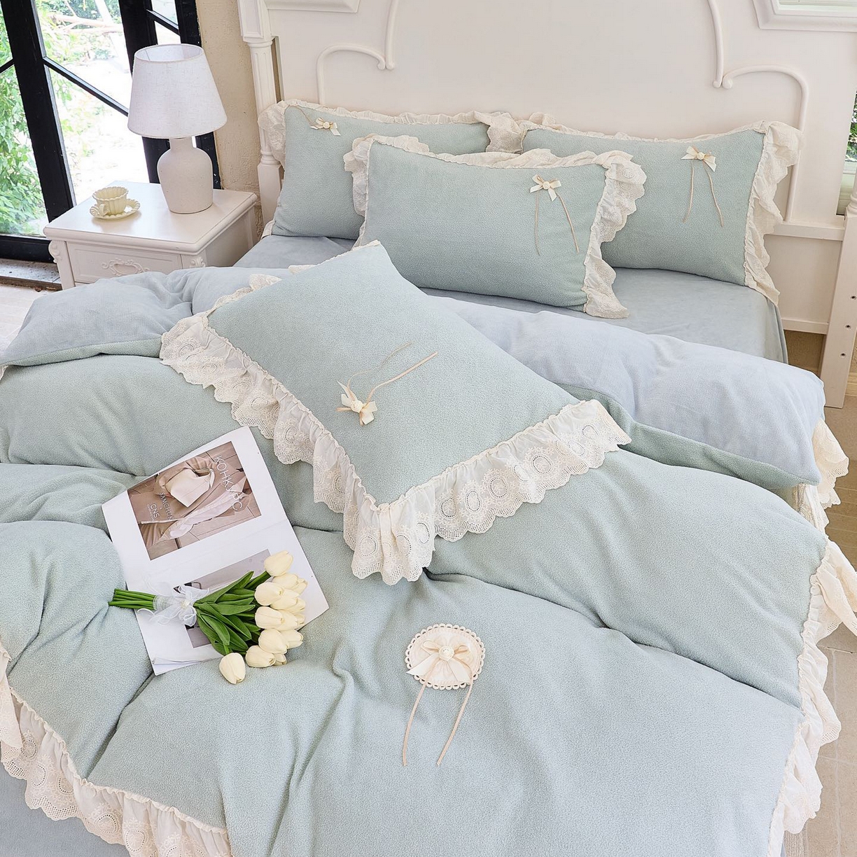 91家纺网 家纺一手货源 找家纺 玖玖爱家纺 2025新款高克重法式甜美特软艾尼绒四件套 灰绿