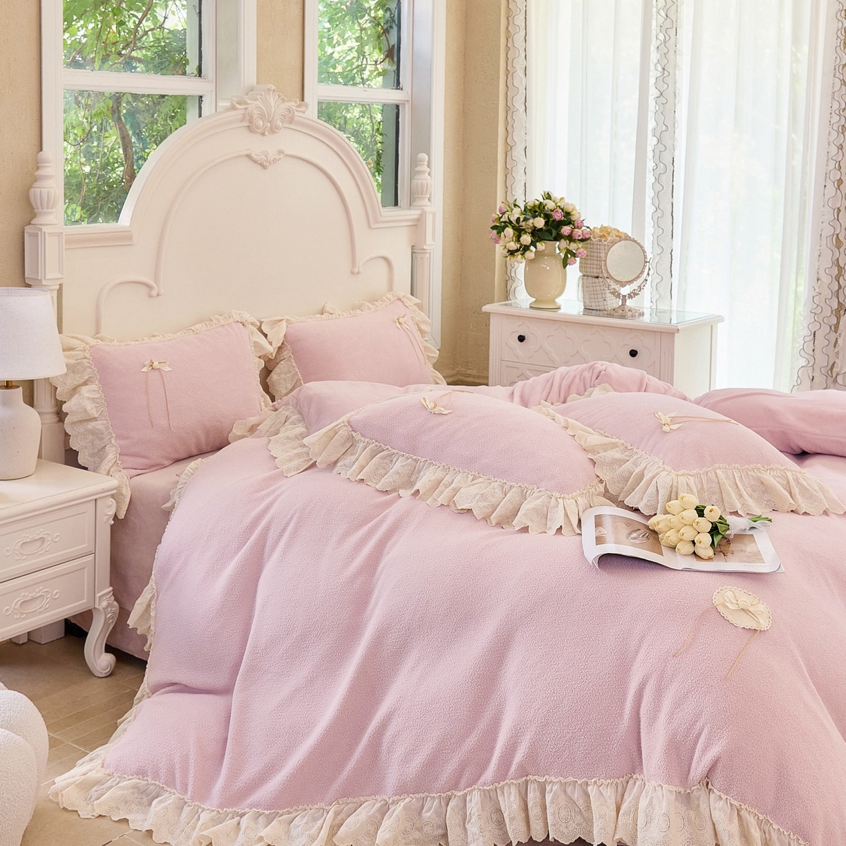 91家纺网 家纺一手货源 找家纺 玖玖爱家纺 2025新款高克重法式甜美特软艾尼绒四件套 茄粉