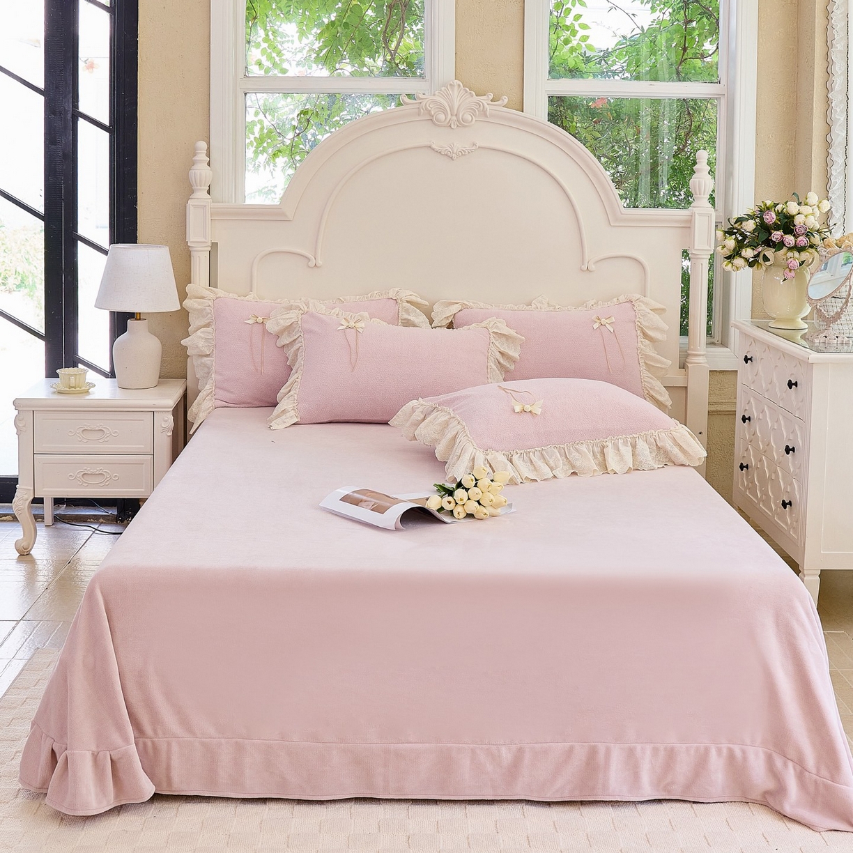 91家纺网 家纺一手货源 找家纺 玖玖爱家纺 2025新款高克重法式甜美特软艾尼绒四件套 茄粉