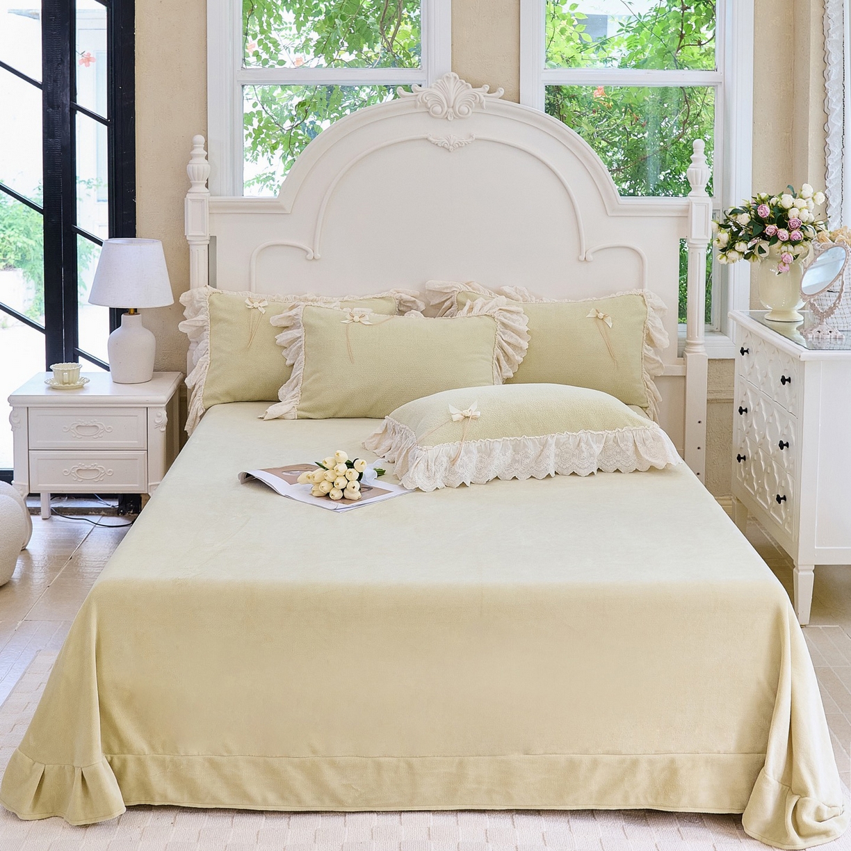 91家纺网 家纺一手货源 找家纺 玖玖爱家纺 2025新款高克重法式甜美特软艾尼绒四件套 浅绿