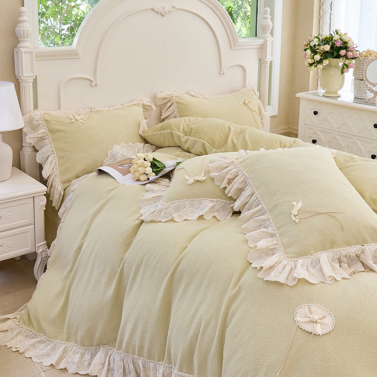 91家纺网 家纺一手货源 找家纺 玖玖爱家纺 2025新款高克重法式甜美特软艾尼绒四件套 浅绿