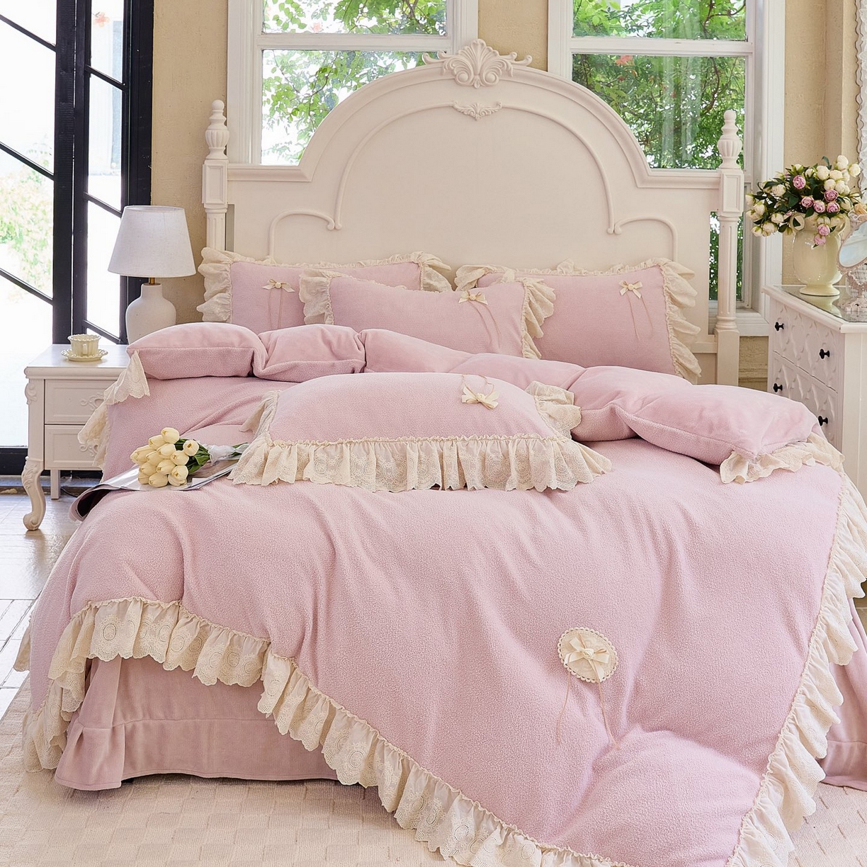 91家纺网 家纺一手货源 找家纺 玖玖爱家纺 2025新款高克重法式甜美特软艾尼绒四件套 茄粉