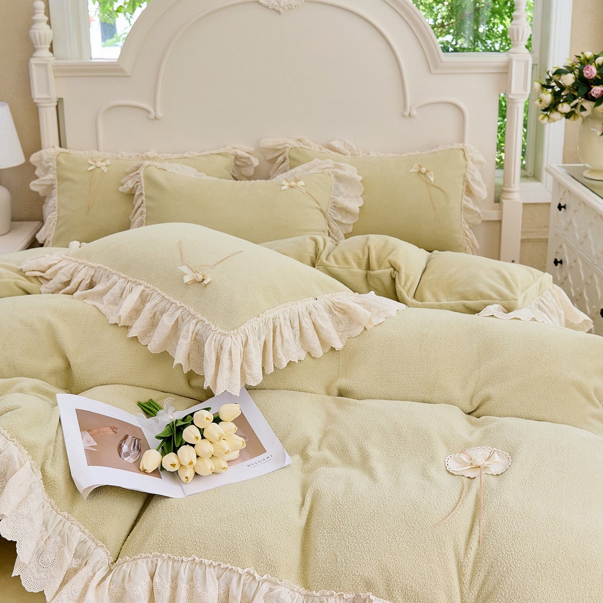 91家纺网 家纺一手货源 找家纺 玖玖爱家纺 2025新款高克重法式甜美特软艾尼绒四件套 浅绿