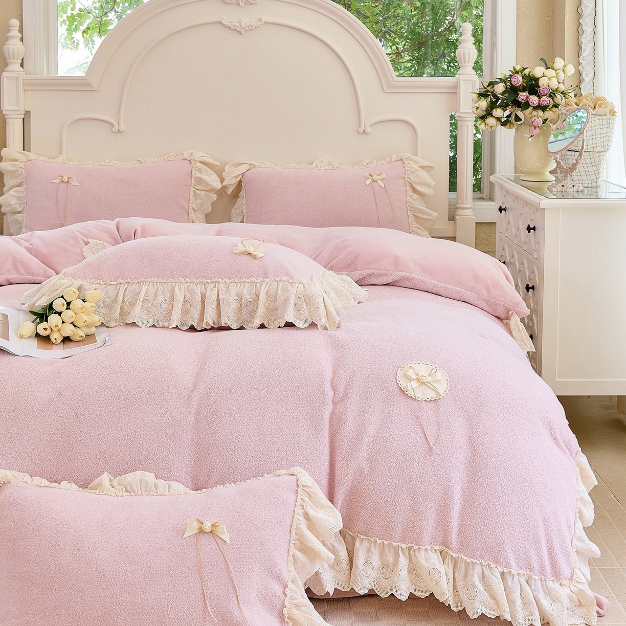 91家纺网 家纺一手货源 找家纺 玖玖爱家纺 2025新款高克重法式甜美特软艾尼绒四件套 茄粉