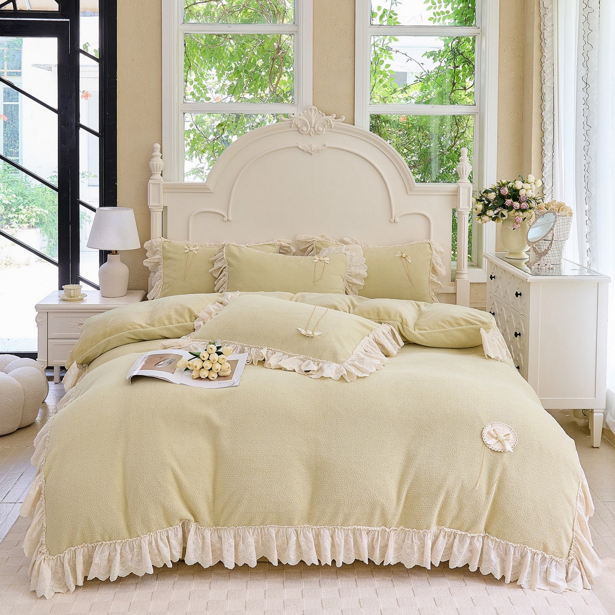 玖玖爱家纺 2025新款高克重法式甜美特软艾尼绒四件套 浅绿