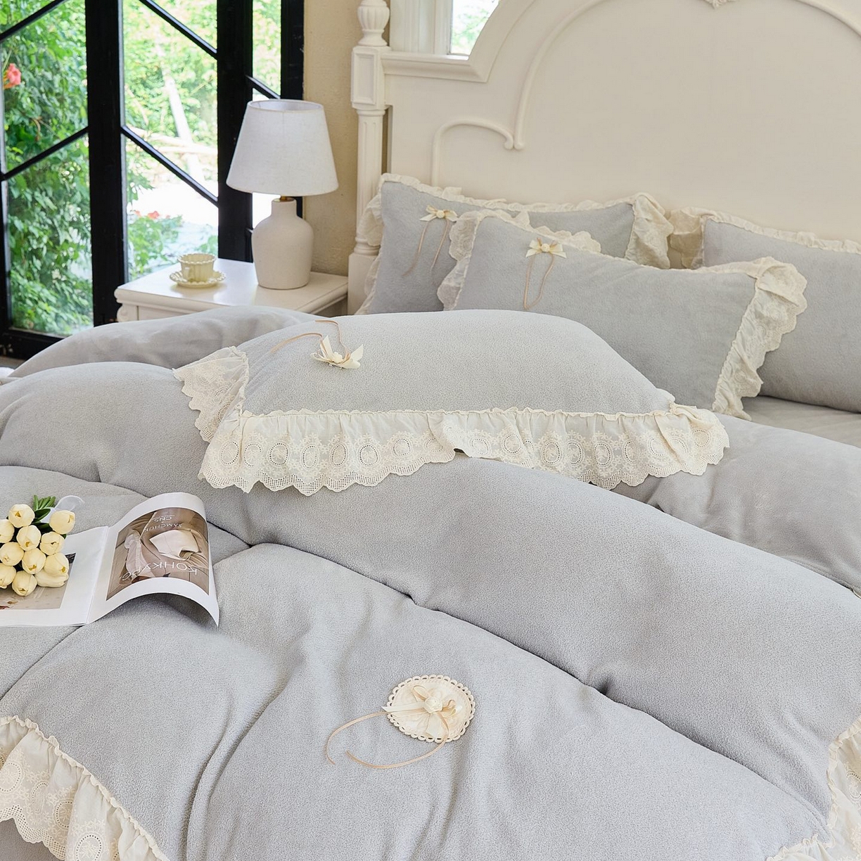 91家纺网 家纺一手货源 找家纺 玖玖爱家纺 2025新款高克重法式甜美特软艾尼绒四件套 砖石灰