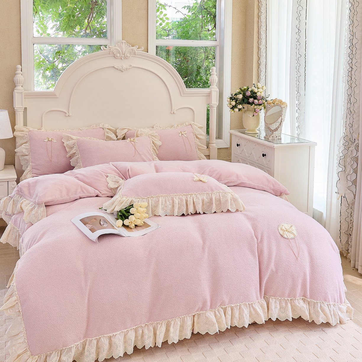 91家纺网 家纺一手货源 找家纺 玖玖爱家纺 2025新款高克重法式甜美特软艾尼绒四件套 茄粉