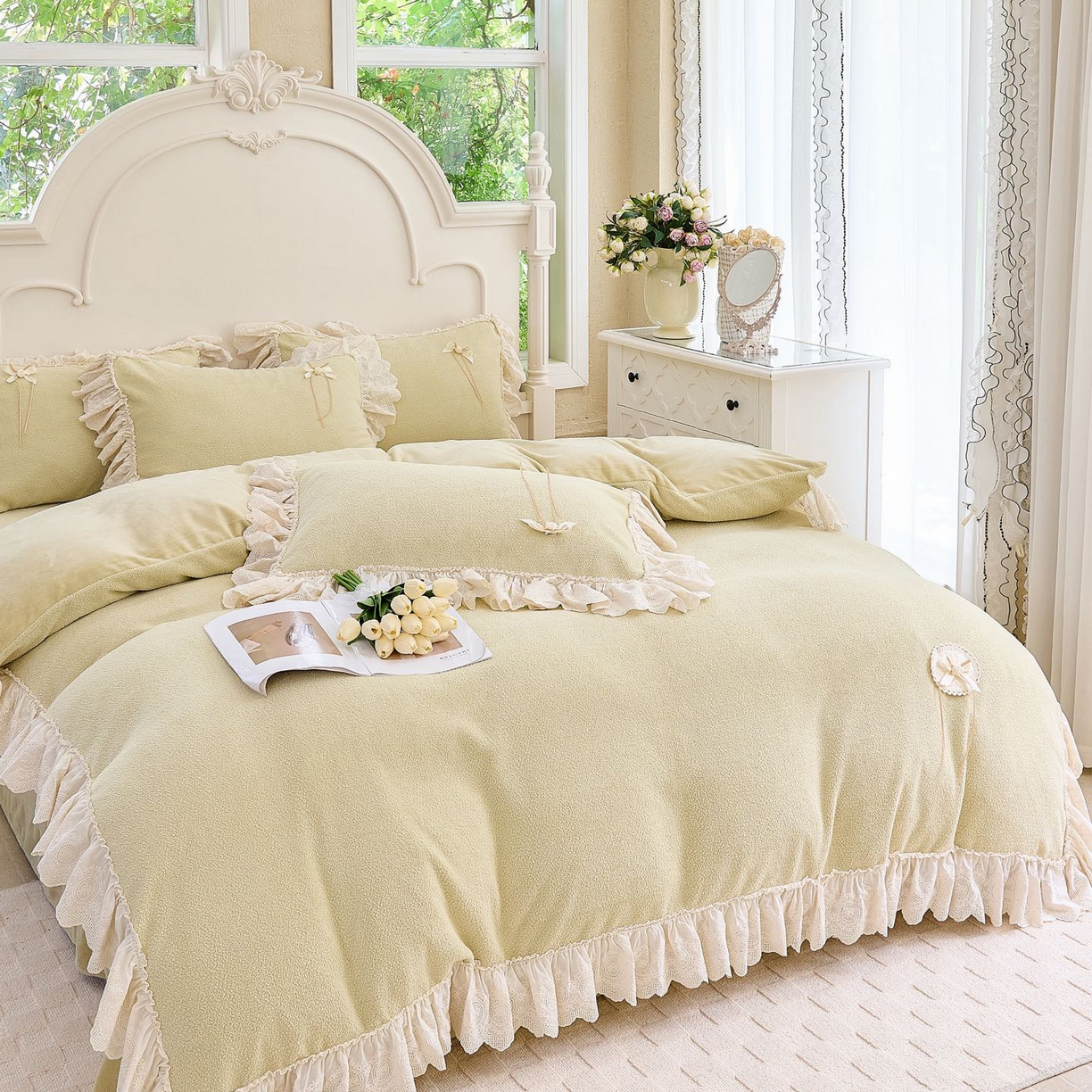 91家纺网 家纺一手货源 找家纺 玖玖爱家纺 2025新款高克重法式甜美特软艾尼绒四件套 浅绿