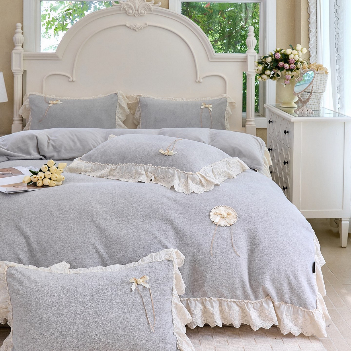 91家纺网 家纺一手货源 找家纺 玖玖爱家纺 2025新款高克重法式甜美特软艾尼绒四件套 砖石灰