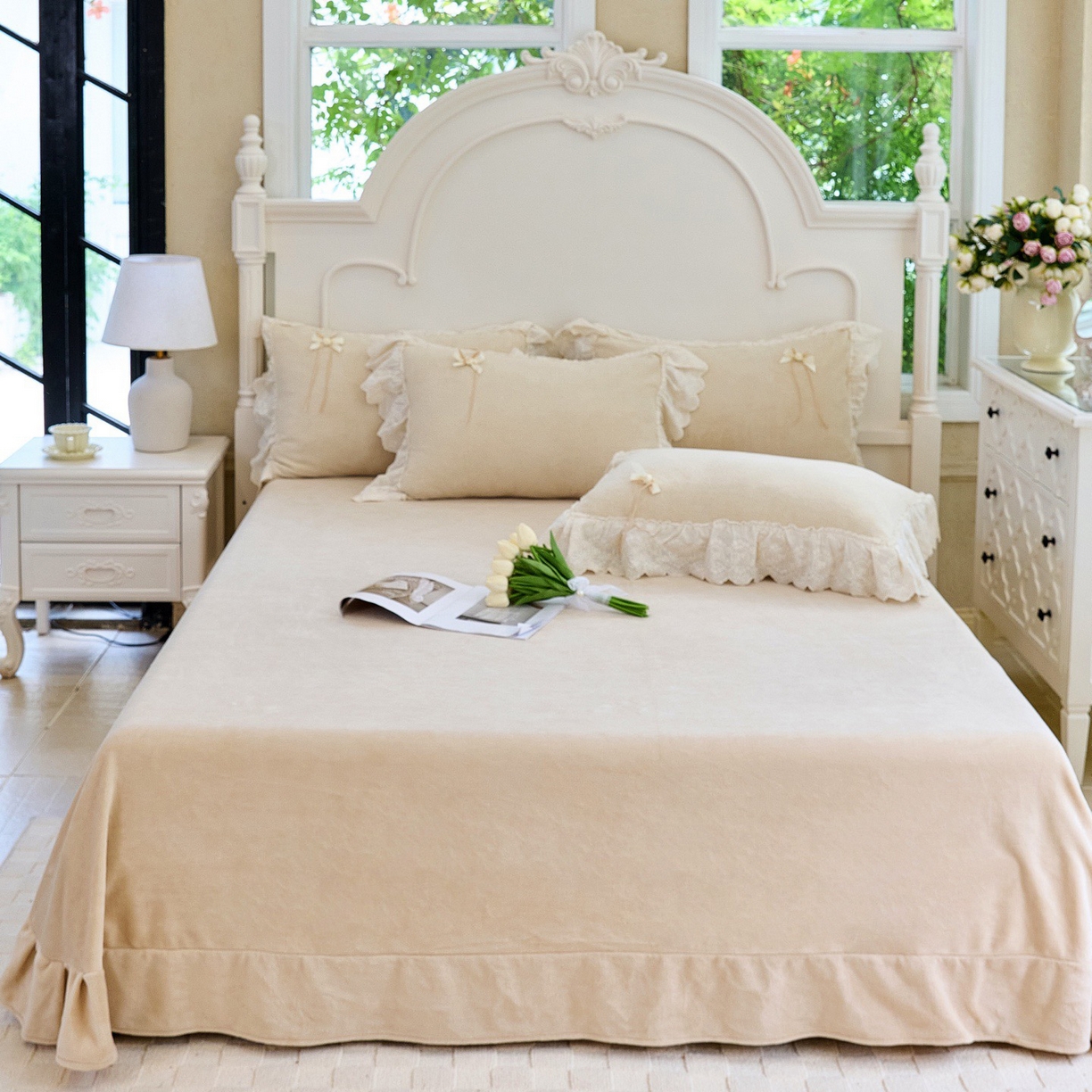 91家纺网 家纺一手货源 找家纺 玖玖爱家纺 2025新款高克重法式甜美特软艾尼绒四件套 舒芙蕾