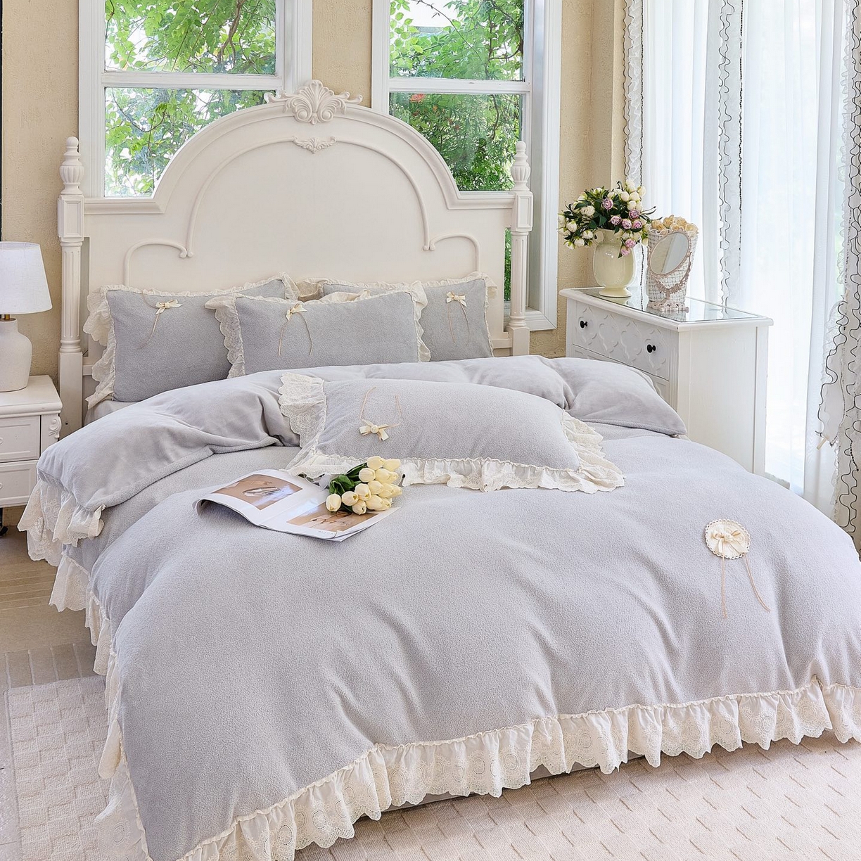 91家纺网 家纺一手货源 找家纺 玖玖爱家纺 2025新款高克重法式甜美特软艾尼绒四件套 砖石灰