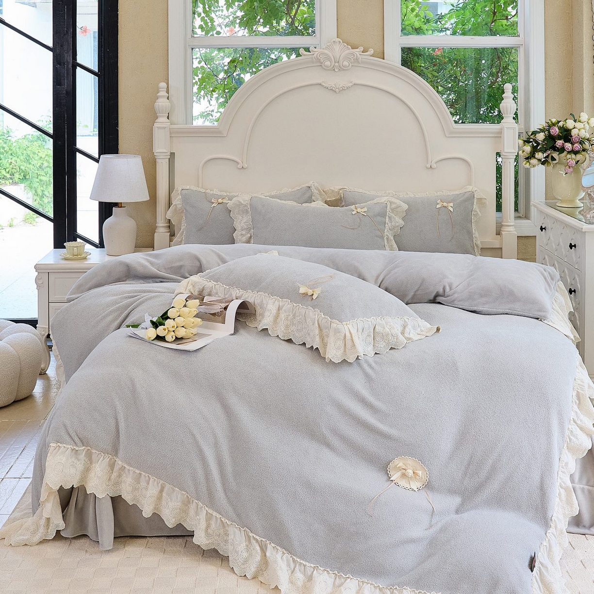 91家纺网 家纺一手货源 找家纺 玖玖爱家纺 2025新款高克重法式甜美特软艾尼绒四件套 砖石灰