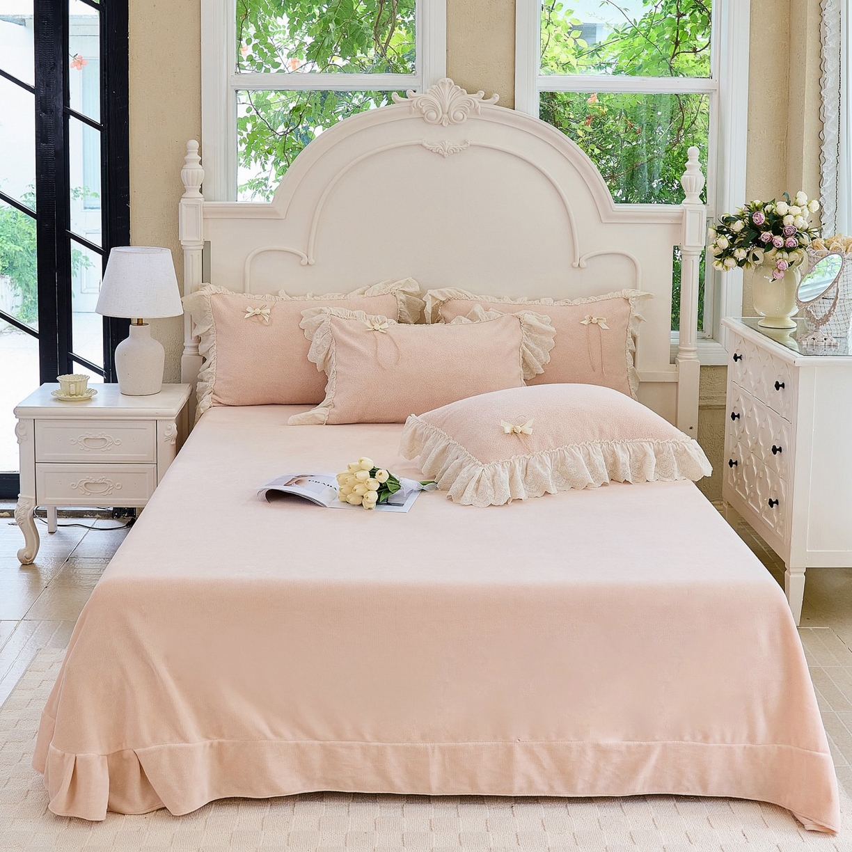 91家纺网 家纺一手货源 找家纺 玖玖爱家纺 2025新款高克重法式甜美特软艾尼绒四件套 帛玉