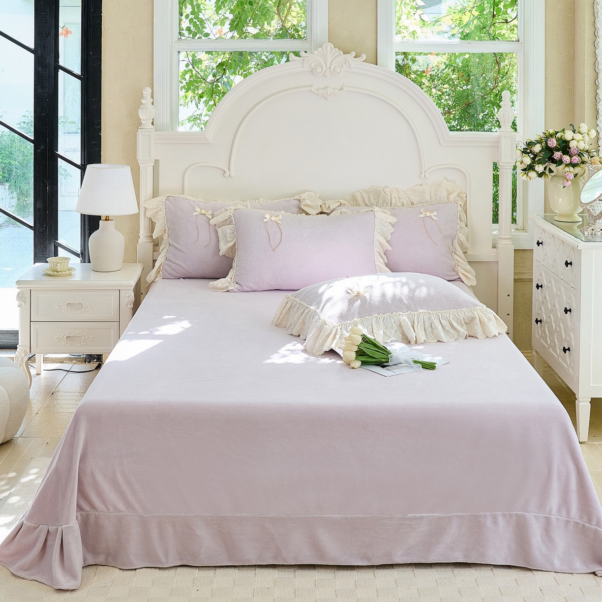 91家纺网 家纺一手货源 找家纺 玖玖爱家纺 2025新款高克重法式甜美特软艾尼绒四件套 帛紫