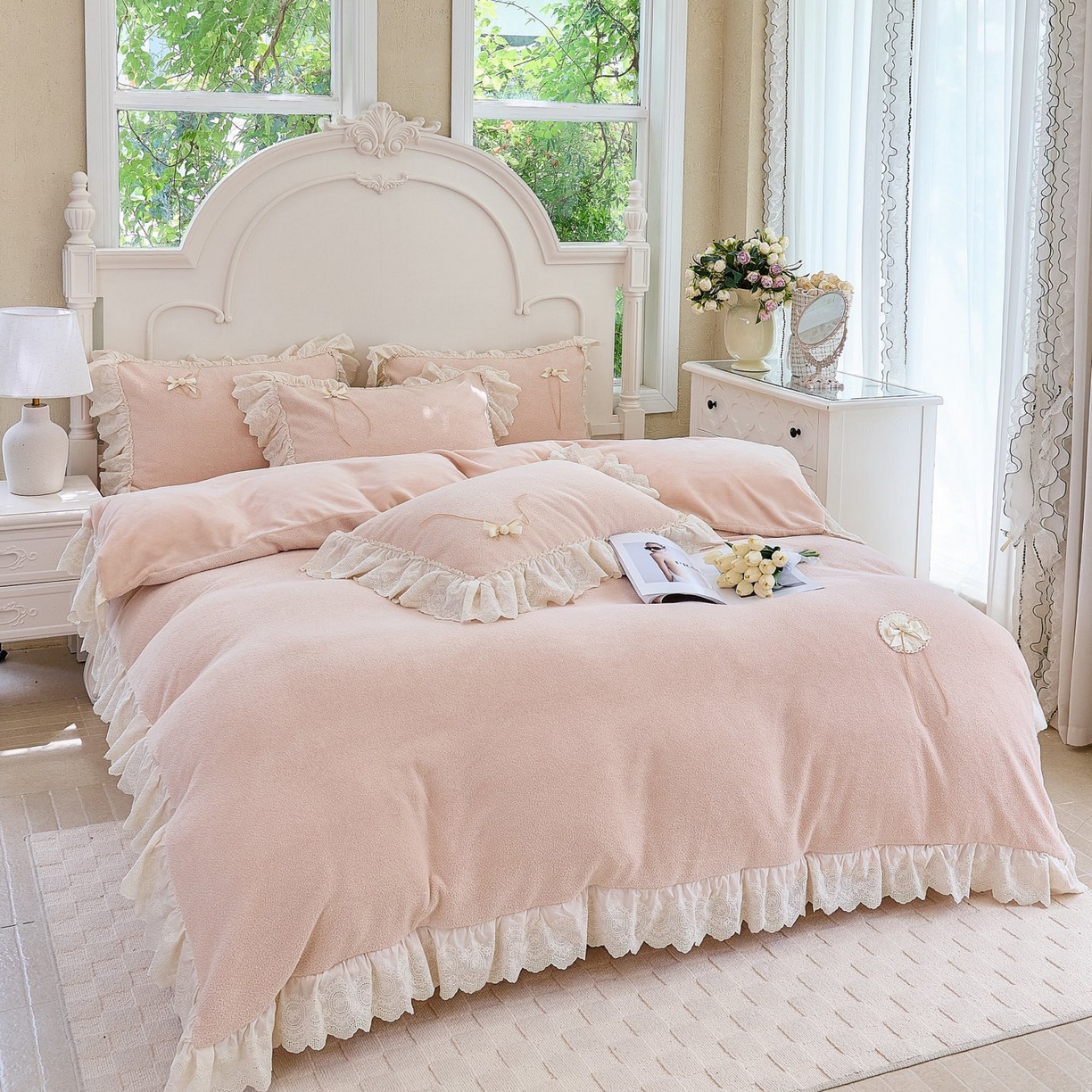 91家纺网 家纺一手货源 找家纺 玖玖爱家纺 2025新款高克重法式甜美特软艾尼绒四件套 帛玉