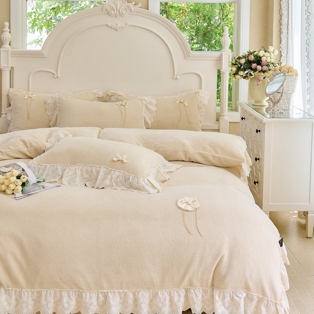 91家纺网 家纺一手货源 找家纺 玖玖爱家纺 2025新款高克重法式甜美特软艾尼绒四件套 舒芙蕾