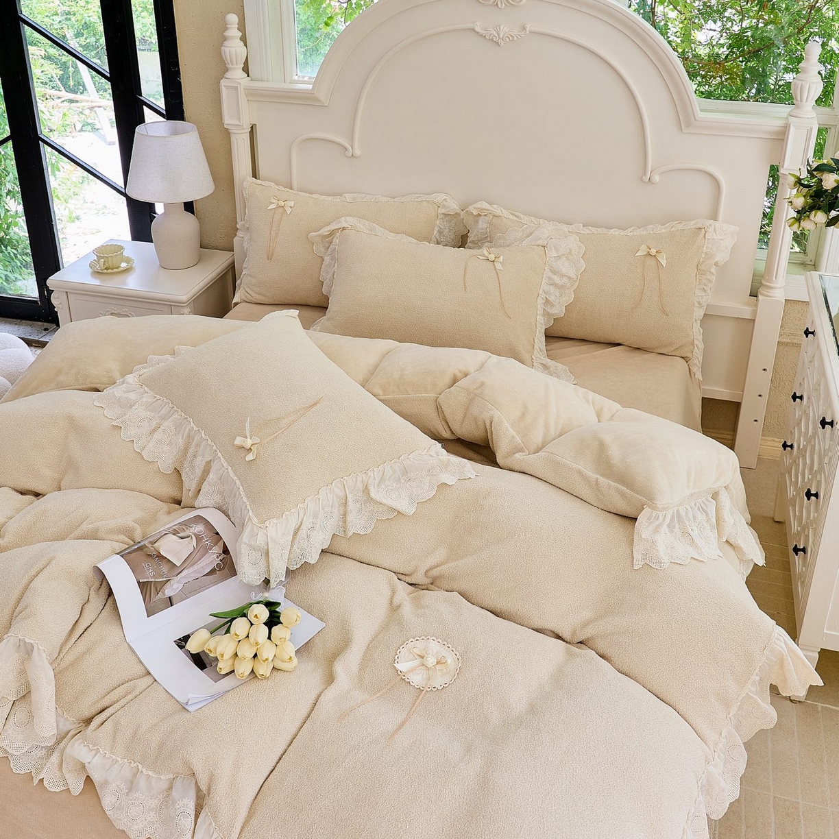 91家纺网 家纺一手货源 找家纺 玖玖爱家纺 2025新款高克重法式甜美特软艾尼绒四件套 舒芙蕾