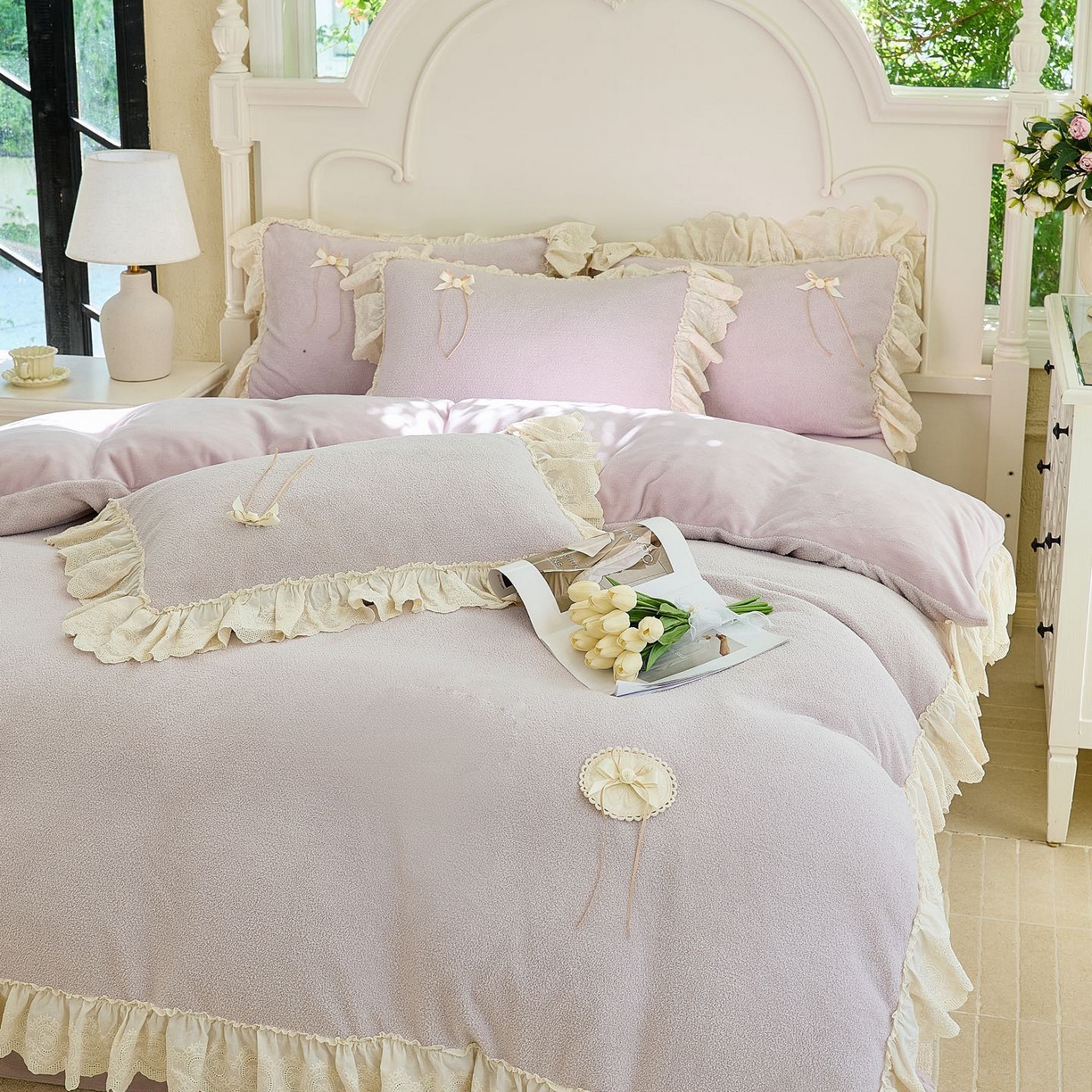 91家纺网 家纺一手货源 找家纺 玖玖爱家纺 2025新款高克重法式甜美特软艾尼绒四件套 帛紫