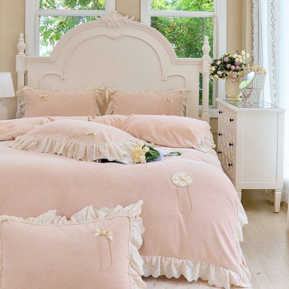 91家纺网 家纺一手货源 找家纺 玖玖爱家纺 2025新款高克重法式甜美特软艾尼绒四件套 帛玉