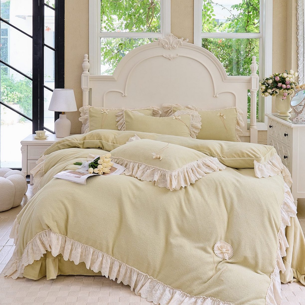 91家纺网 家纺一手货源 找家纺 玖玖爱家纺 2025新款高克重法式甜美特软艾尼绒四件套 浅绿