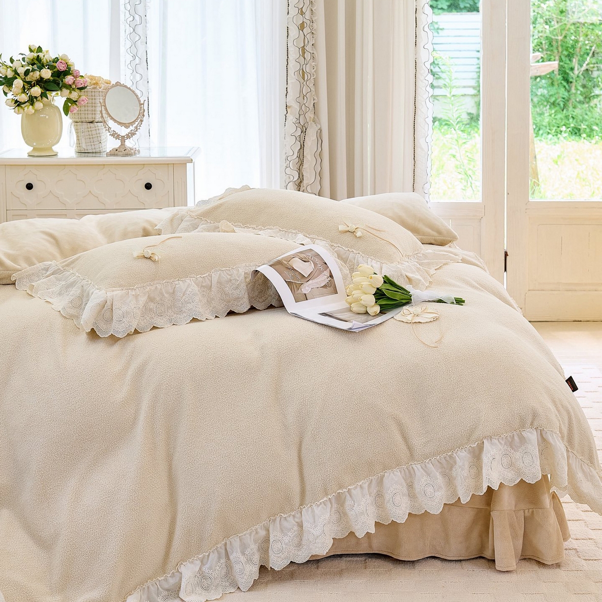 91家纺网 家纺一手货源 找家纺 玖玖爱家纺 2025新款高克重法式甜美特软艾尼绒四件套 舒芙蕾