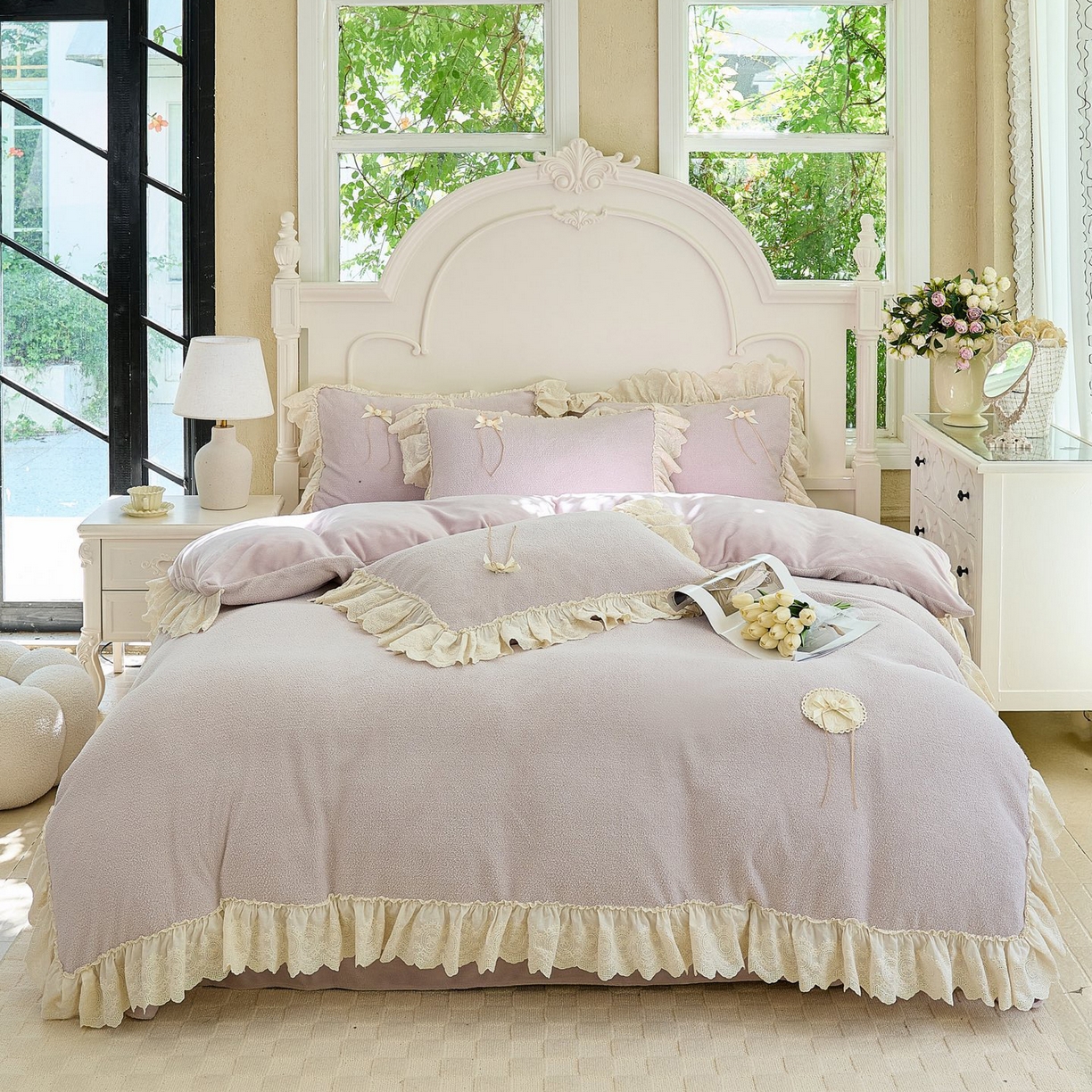 玖玖爱家纺 2025新款高克重法式甜美特软艾尼绒四件套 帛紫