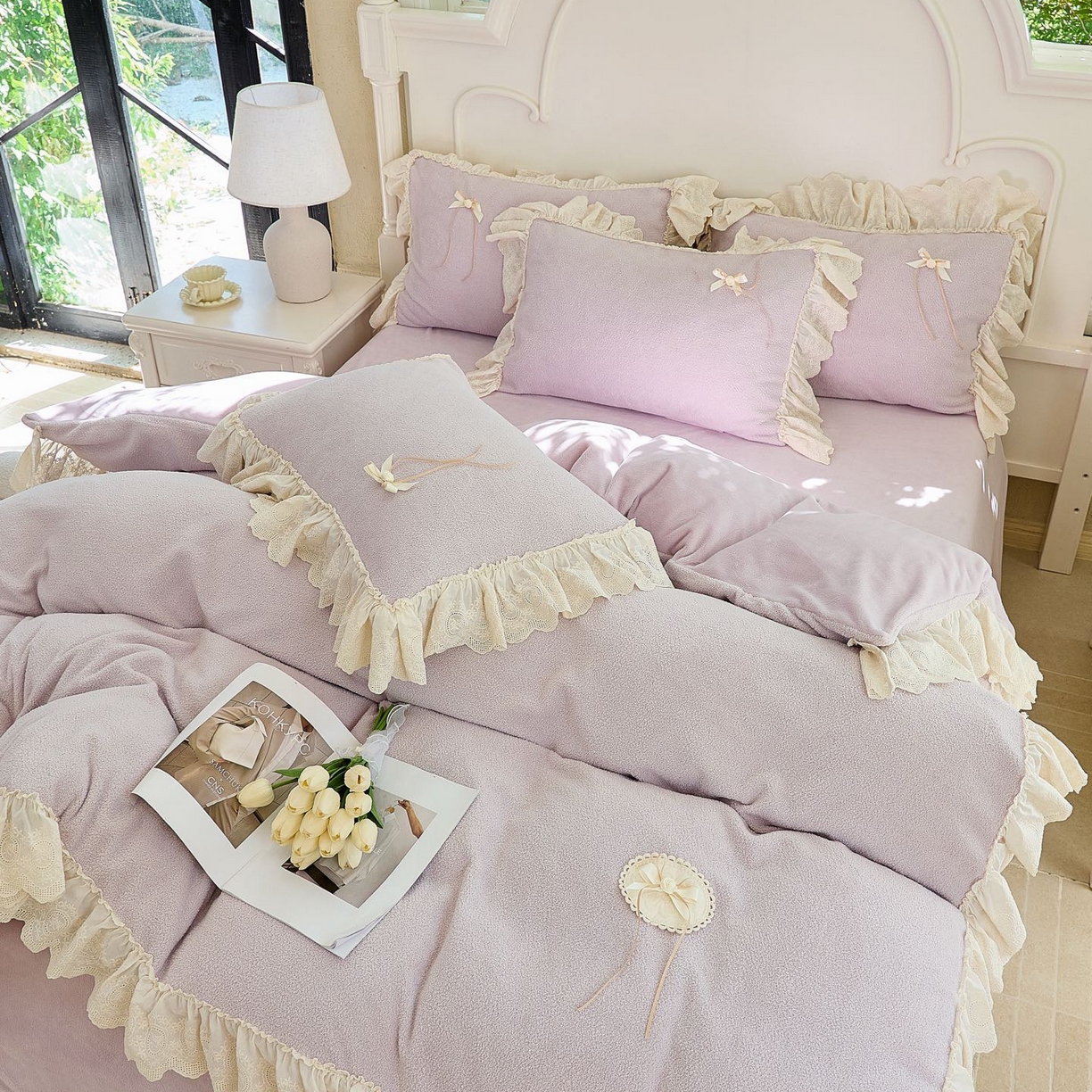 91家纺网 家纺一手货源 找家纺 玖玖爱家纺 2025新款高克重法式甜美特软艾尼绒四件套 帛紫