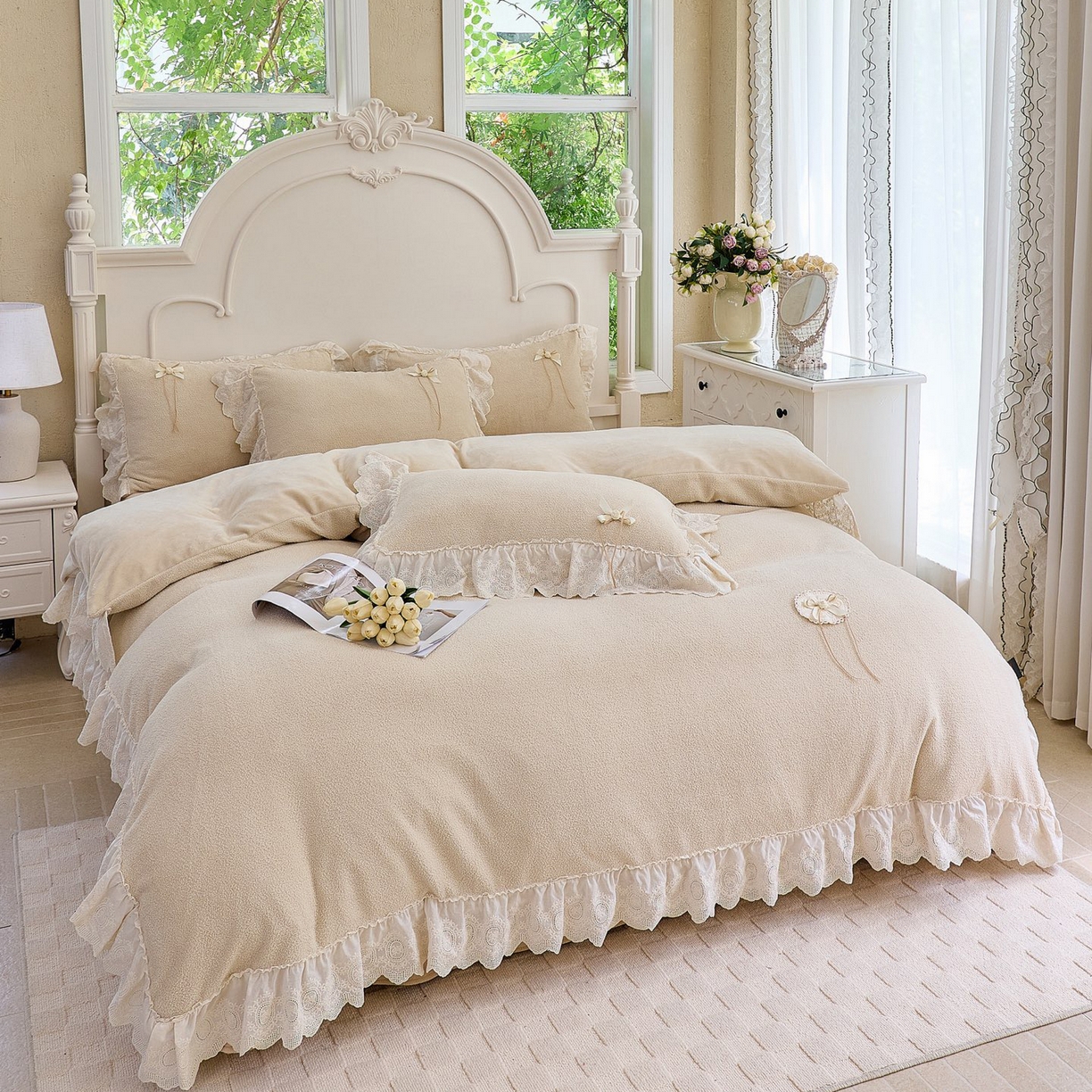 91家纺网 家纺一手货源 找家纺 玖玖爱家纺 2025新款高克重法式甜美特软艾尼绒四件套 舒芙蕾