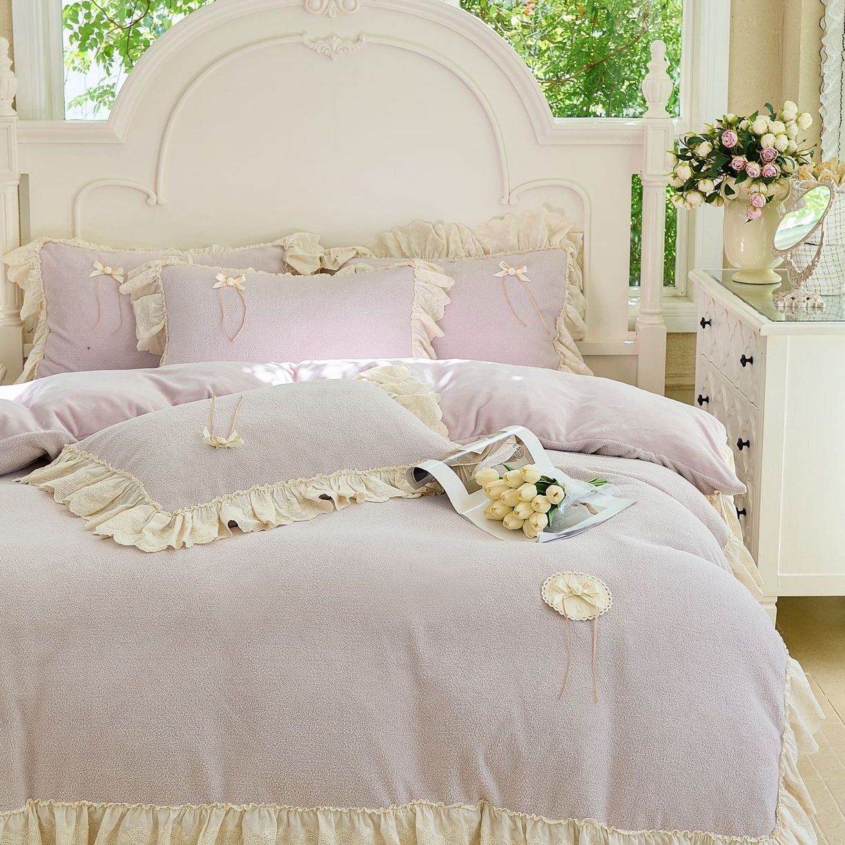 91家纺网 家纺一手货源 找家纺 玖玖爱家纺 2025新款高克重法式甜美特软艾尼绒四件套 帛紫