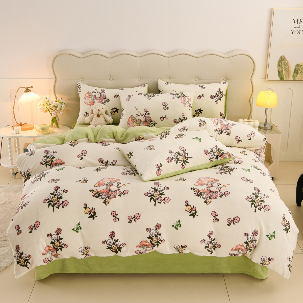 91家纺网 家纺一手货源 找家纺 紫月轩家纺 2025新款A类牛奶绒小清新印花四件套 蘑花仙踪