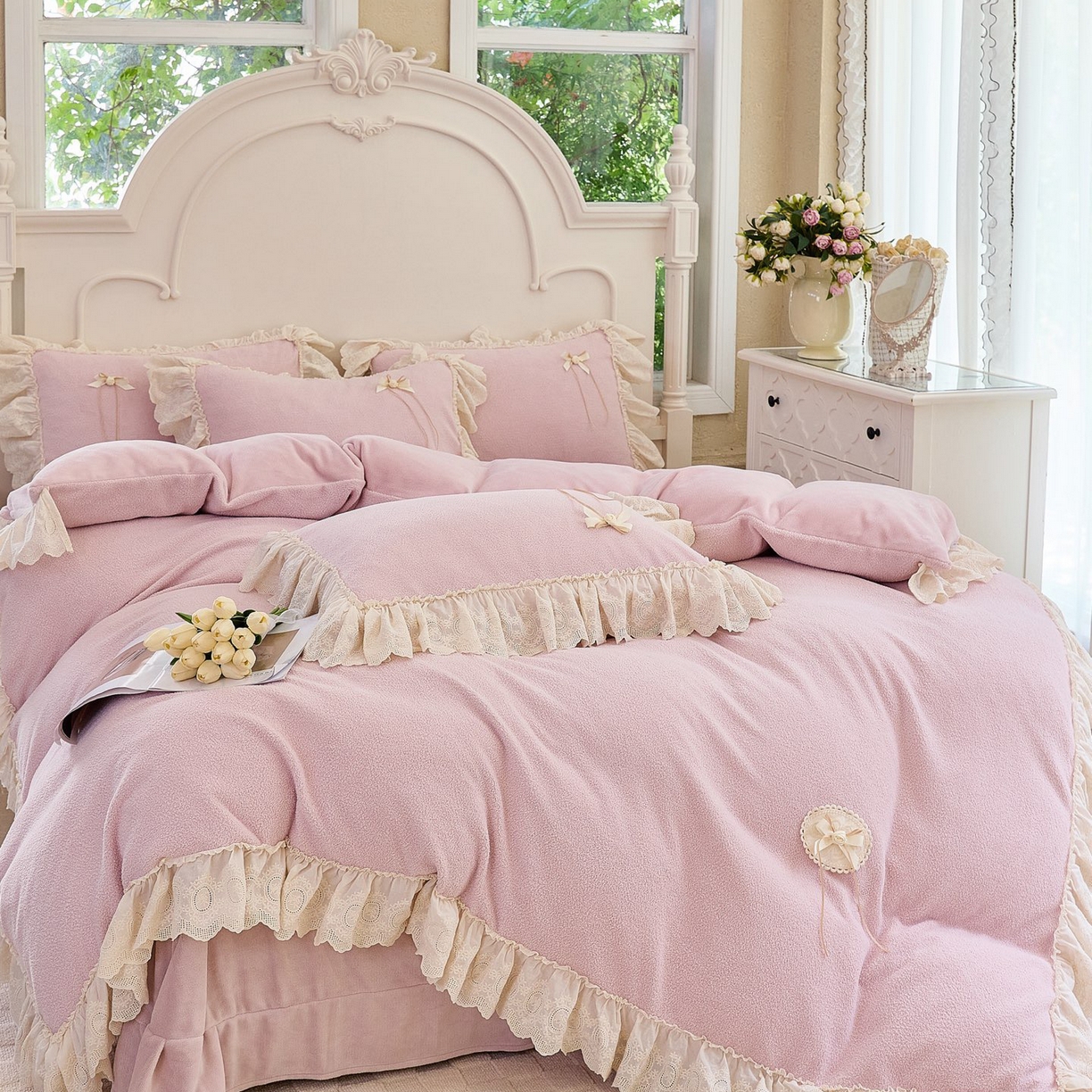 91家纺网 家纺一手货源 找家纺 玖玖爱家纺 2025新款高克重法式甜美特软艾尼绒四件套 茄粉