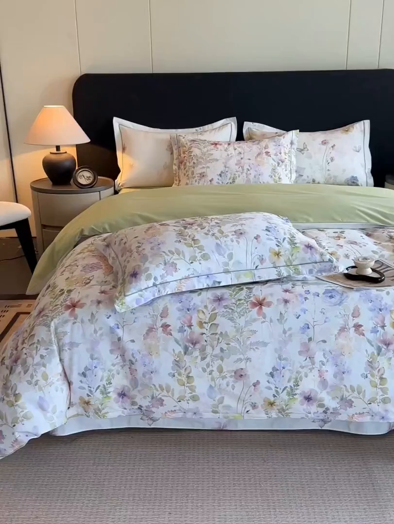 91家纺网 家纺一手货源 找家纺 大柏树 2025新款全棉磨毛印花四件套系列(可定制) 花笺集-米白