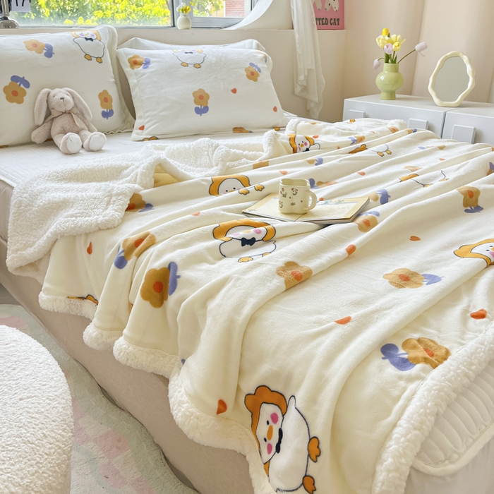 91家纺网 家纺一手货源 找家纺 沐慕 2025新款牛奶绒拼羊羔绒毛毯盖毯毯子 毛毯-萌萌鸭