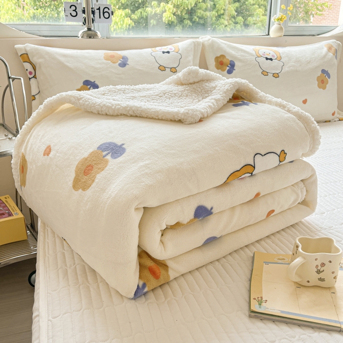 91家纺网 家纺一手货源 找家纺 沐慕 2025新款牛奶绒拼羊羔绒毛毯盖毯毯子 毛毯-萌萌鸭