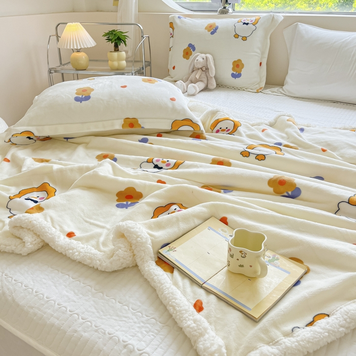 91家纺网 家纺一手货源 找家纺 沐慕 2025新款牛奶绒拼羊羔绒毛毯盖毯毯子 毛毯-萌萌鸭