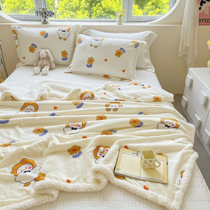 91家纺网 家纺一手货源 找家纺 沐慕 2025新款牛奶绒拼羊羔绒毛毯盖毯毯子 毛毯-萌萌鸭