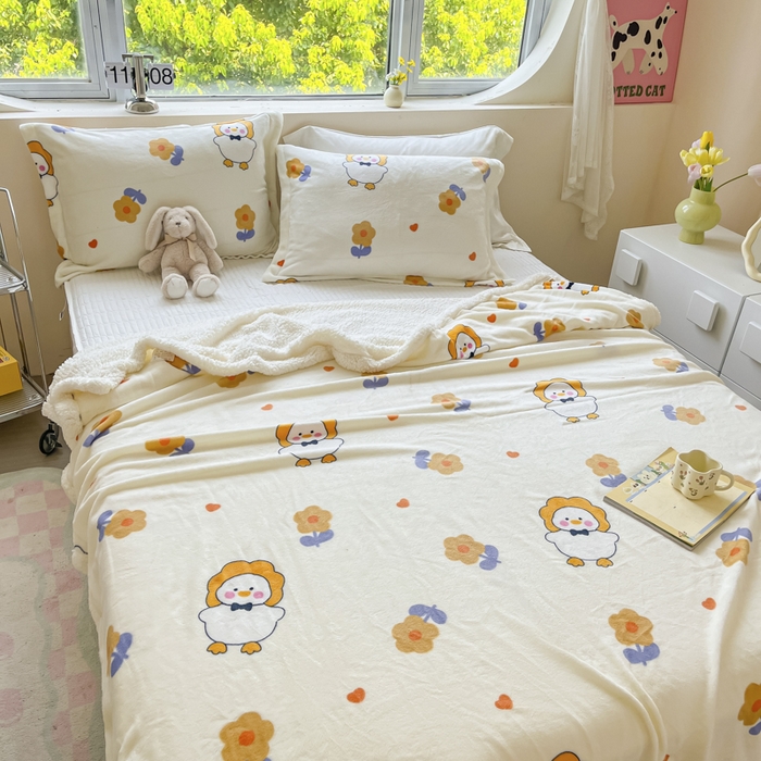 91家纺网 家纺一手货源 找家纺 沐慕 2025新款牛奶绒拼羊羔绒毛毯盖毯毯子 毛毯-萌萌鸭