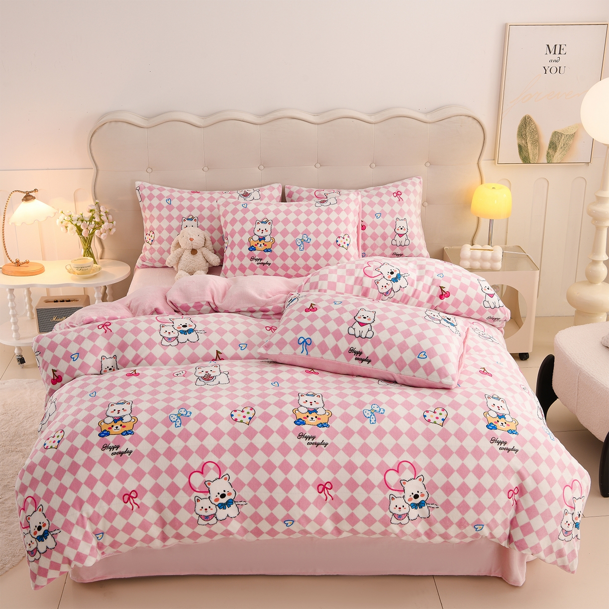 91家纺网 家纺一手货源 找家纺 紫月轩家纺 2025新款A类牛奶绒小清新印花四件套 甜心喵