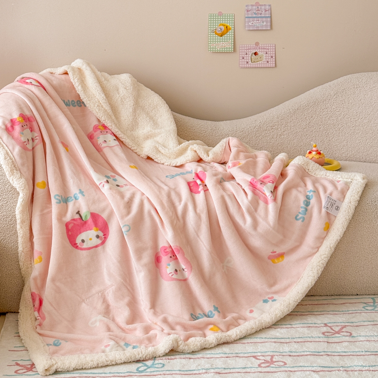 沐慕 2025新款牛奶绒拼羊羔绒毛毯盖毯毯子 毛毯-苹果猫猫