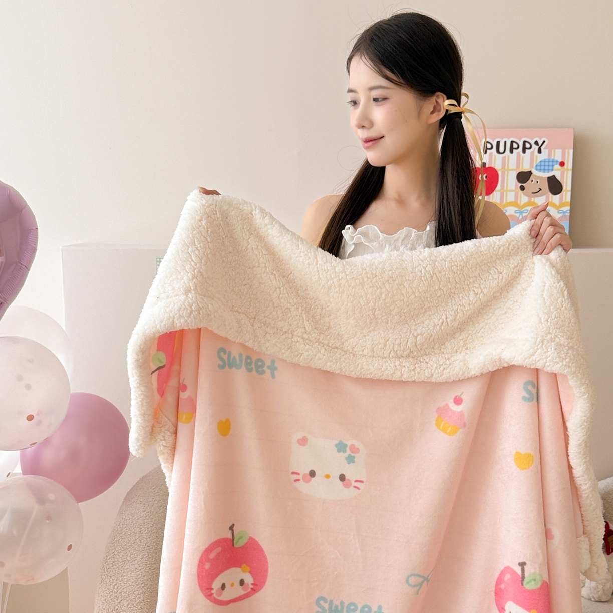 91家纺网 家纺一手货源 找家纺 沐慕 2025新款牛奶绒拼羊羔绒毛毯盖毯毯子 毛毯-苹果猫猫