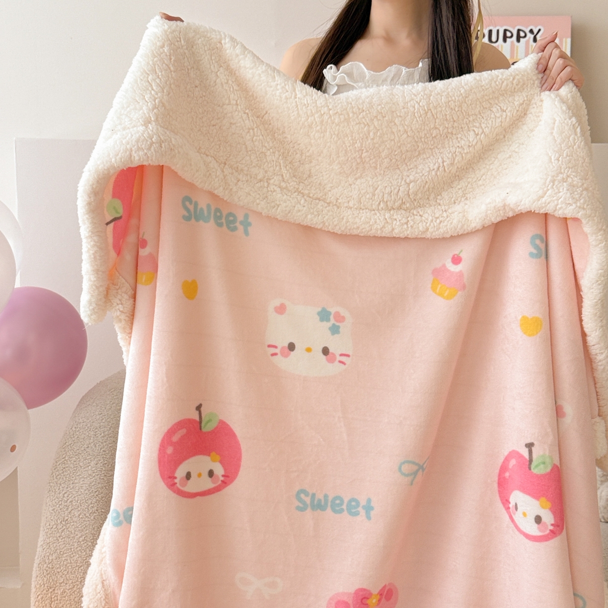 91家纺网 家纺一手货源 找家纺 沐慕 2025新款牛奶绒拼羊羔绒毛毯盖毯毯子 毛毯-苹果猫猫