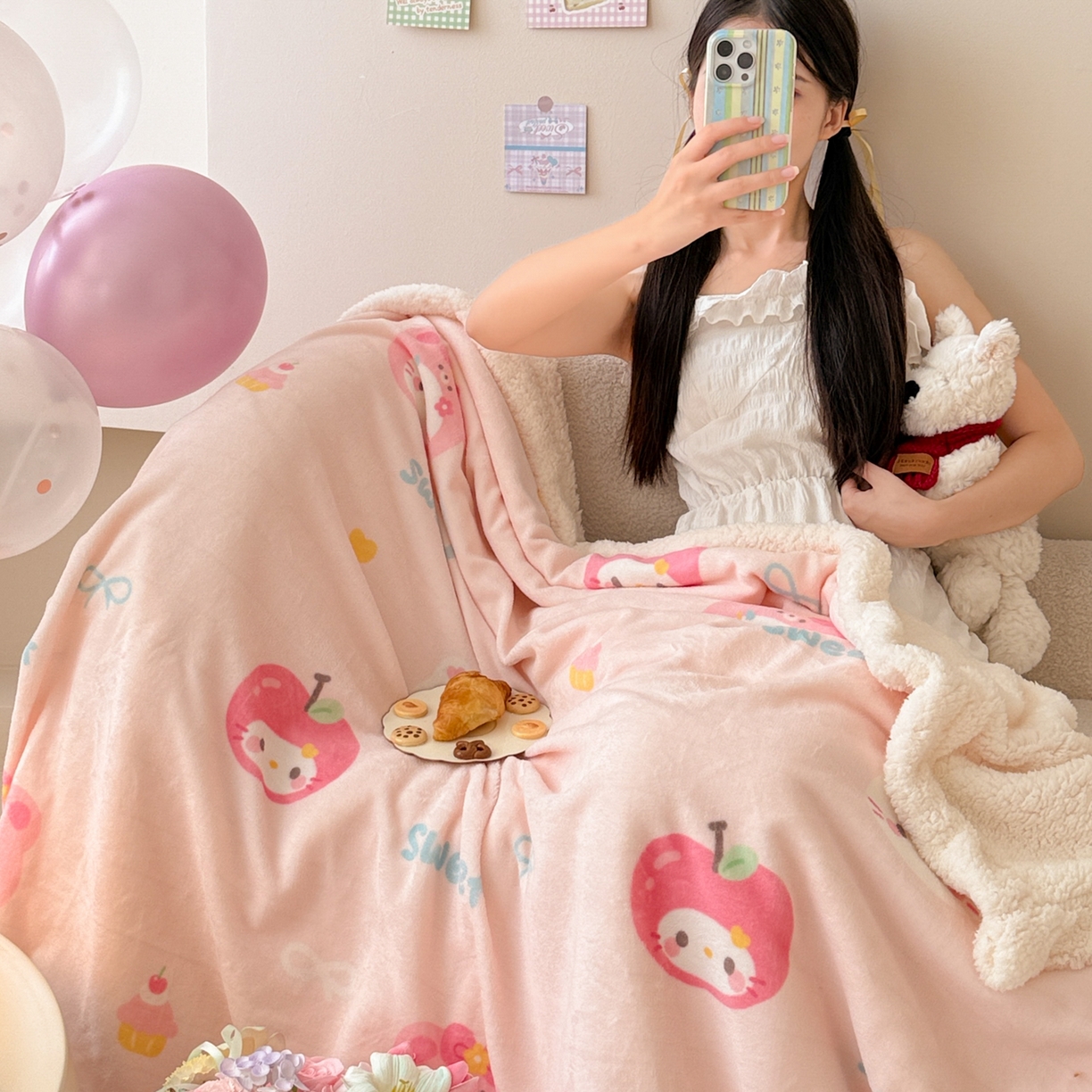 91家纺网 家纺一手货源 找家纺 沐慕 2025新款牛奶绒拼羊羔绒毛毯盖毯毯子 毛毯-苹果猫猫