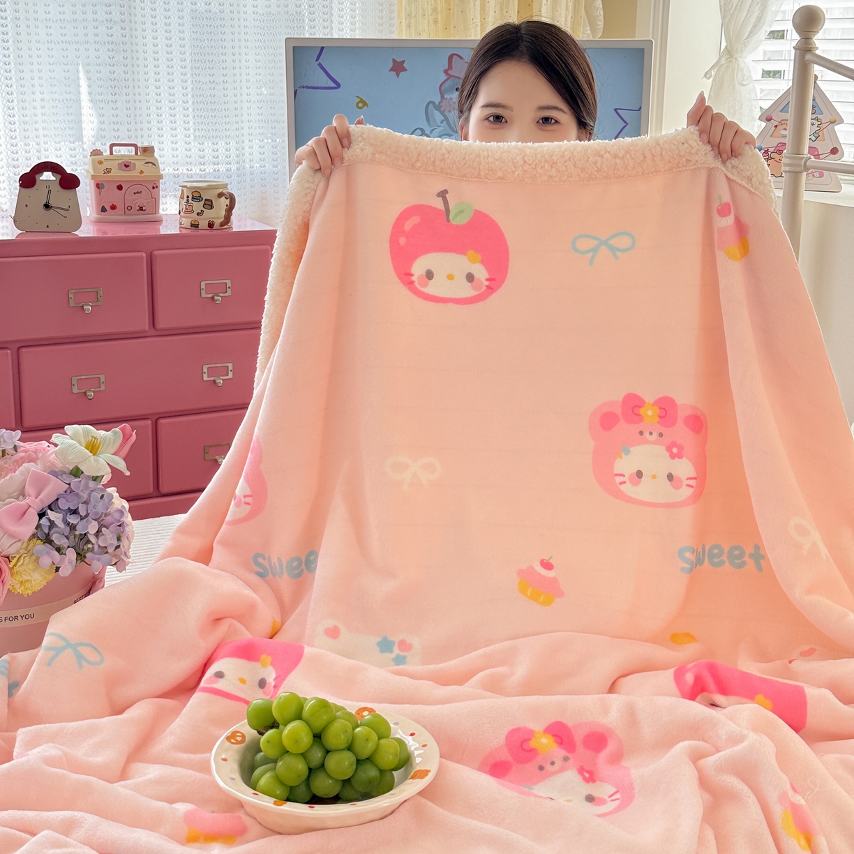 91家纺网 家纺一手货源 找家纺 沐慕 2025新款牛奶绒拼羊羔绒毛毯盖毯毯子 毛毯-苹果猫猫